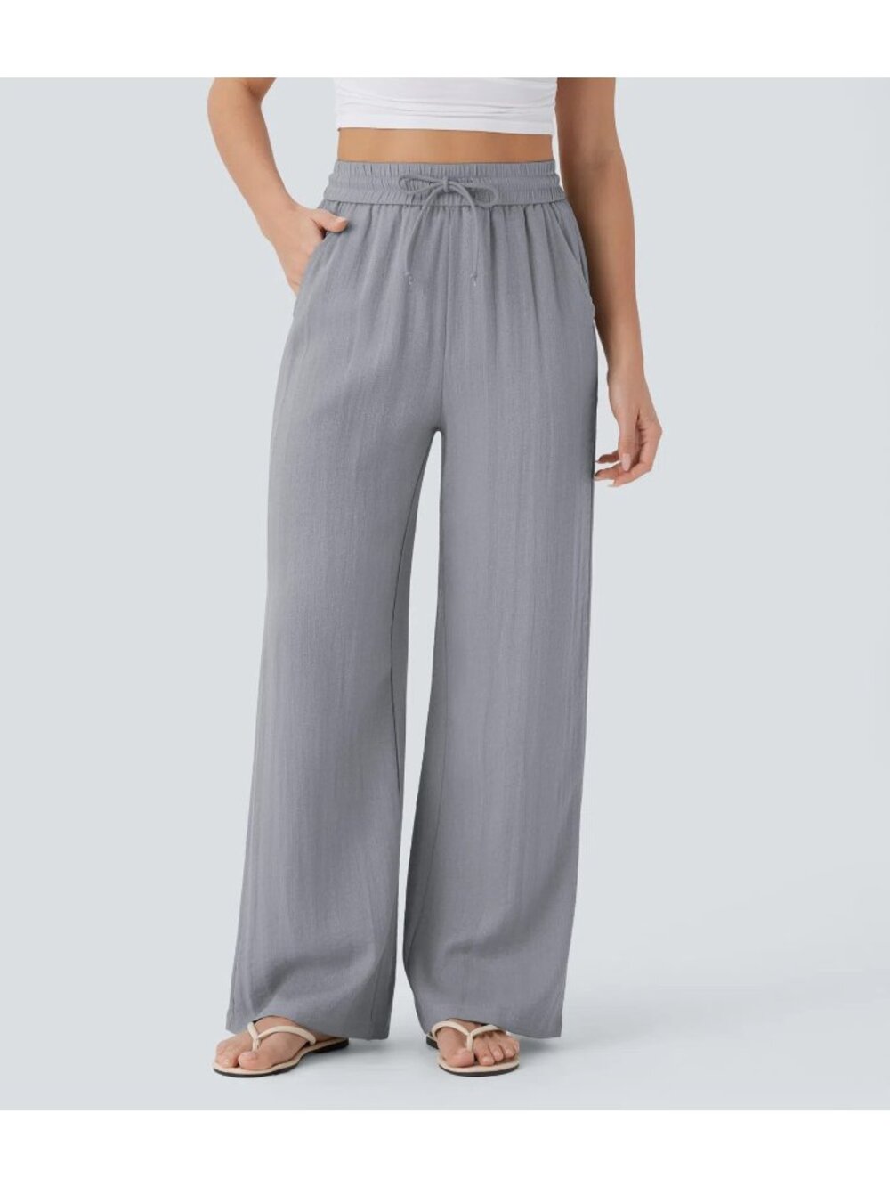 NEW HALARA Drawstring Wide Leg Baggy Casual Linen-Feel Pants steel gray MEDIUM